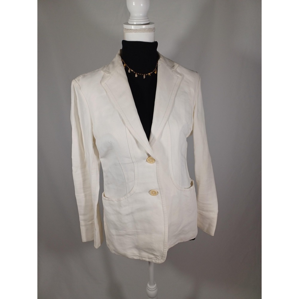 DKNY Blazer‎ Womens 6 White Linen Blend Single Breasted Pockets Italy Jacket